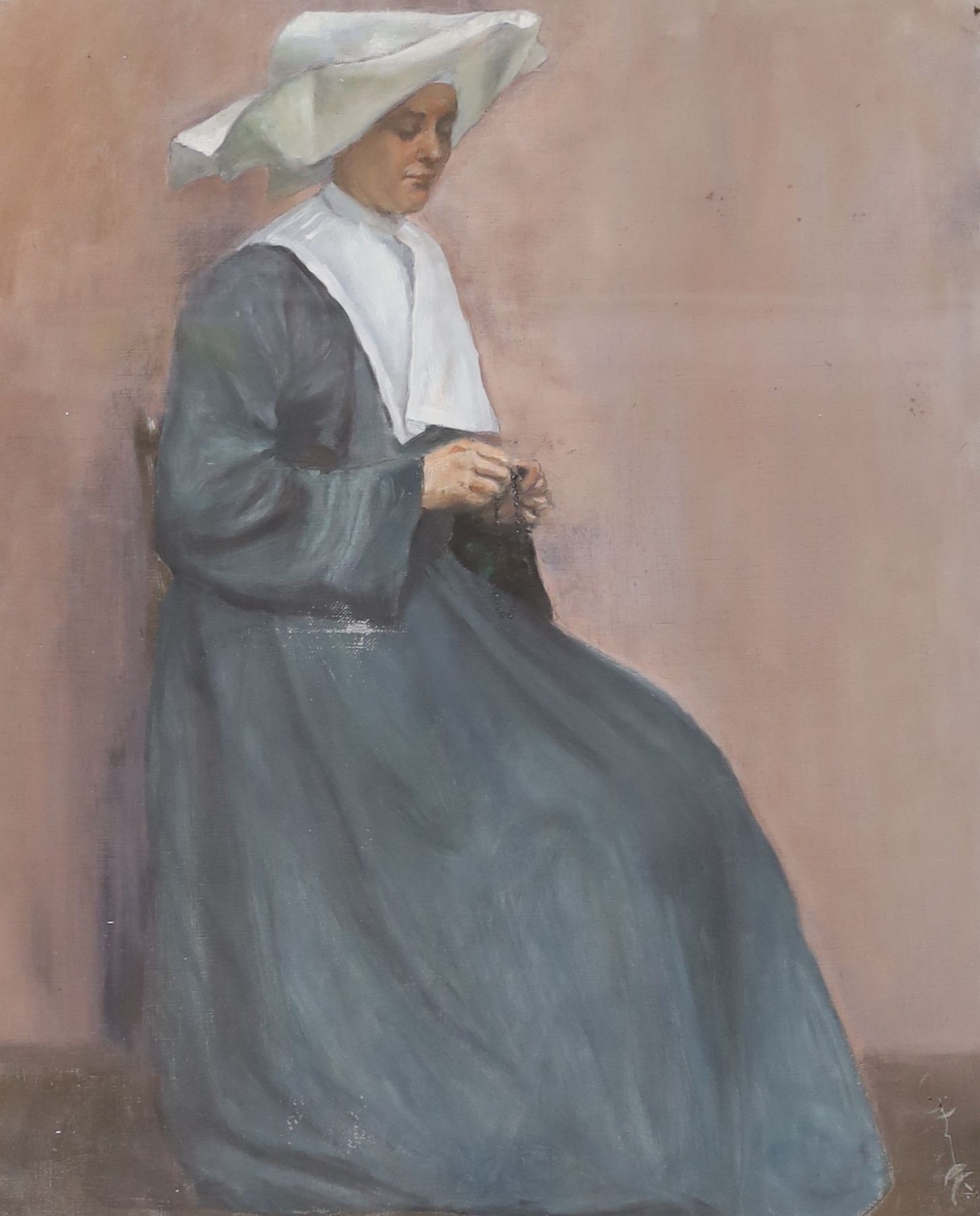 English School c.1900, oil on canvas, Study of a praying nun, 60 x 49cm